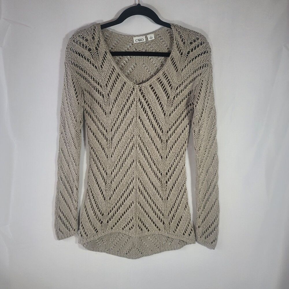Cato Women's Open Knit Chevron Sweater Small Beige Crochet Pullover Tunic Boho